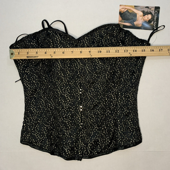 iCollection Boudior Lace Corset Thong Set Sz 36 Black Gold Brocade Pin Up Glam - Picture 9 of 16